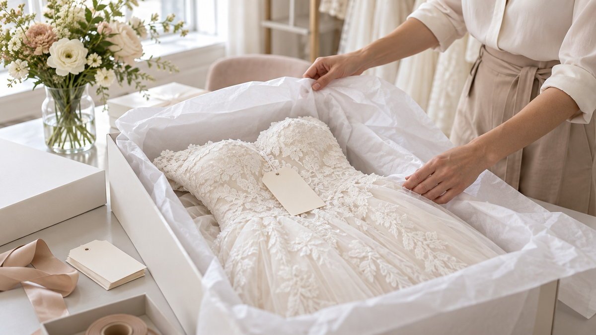 Custom christening dress prepared with protective tissue and boutique packaging