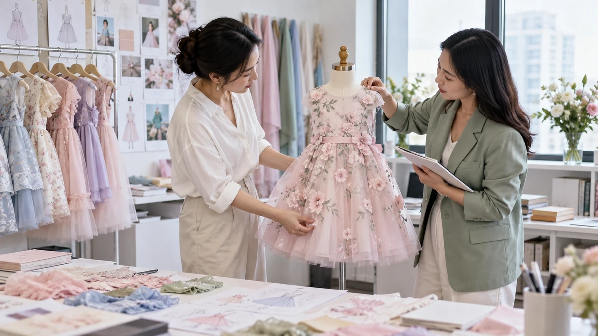 Custom Girls Dress Sample Review Adult East Asian pattern and merchandising specialists reviewing a custom girls dress sample