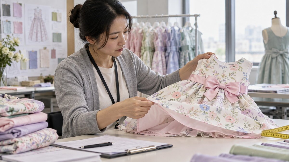 Easter Dress Quality Inspection Adult East Asian garment professional inspecting an Easter dress sample