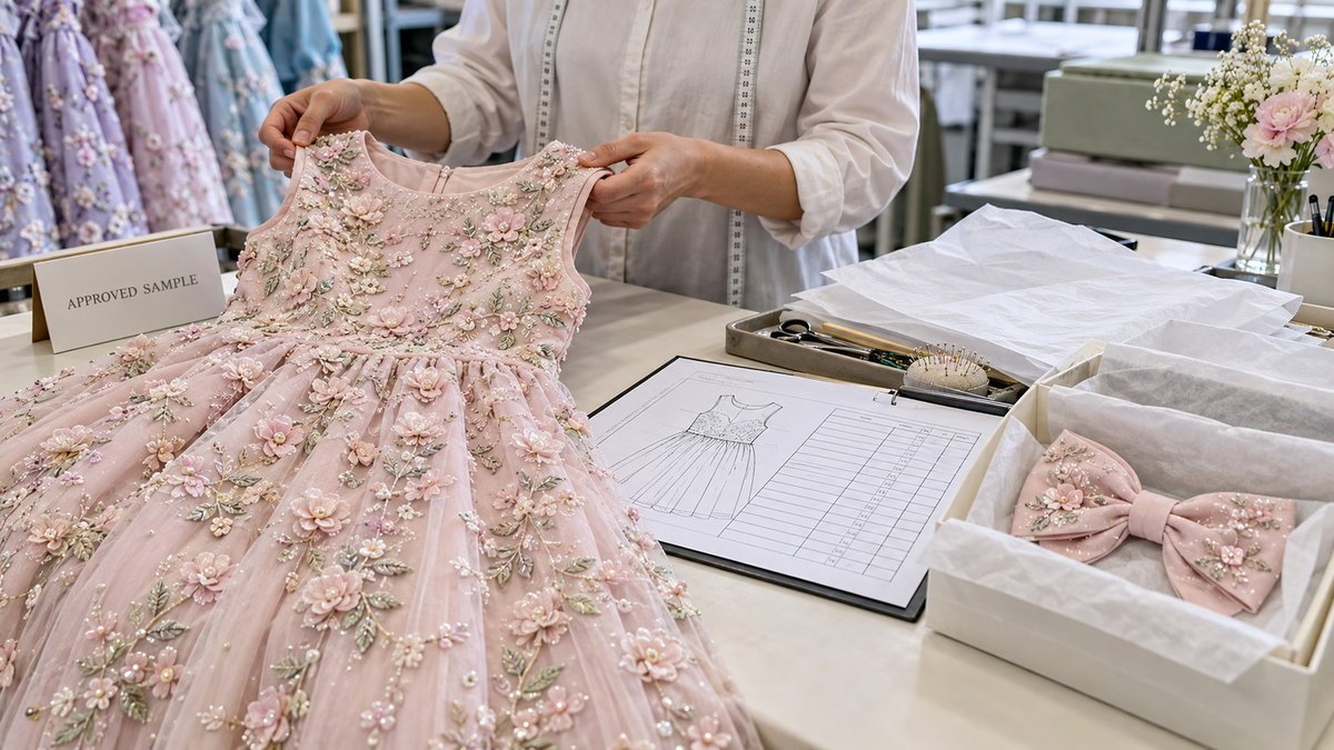Embellished Dress QC and Packing Quality-control review and protective packing for an embellished girls dress