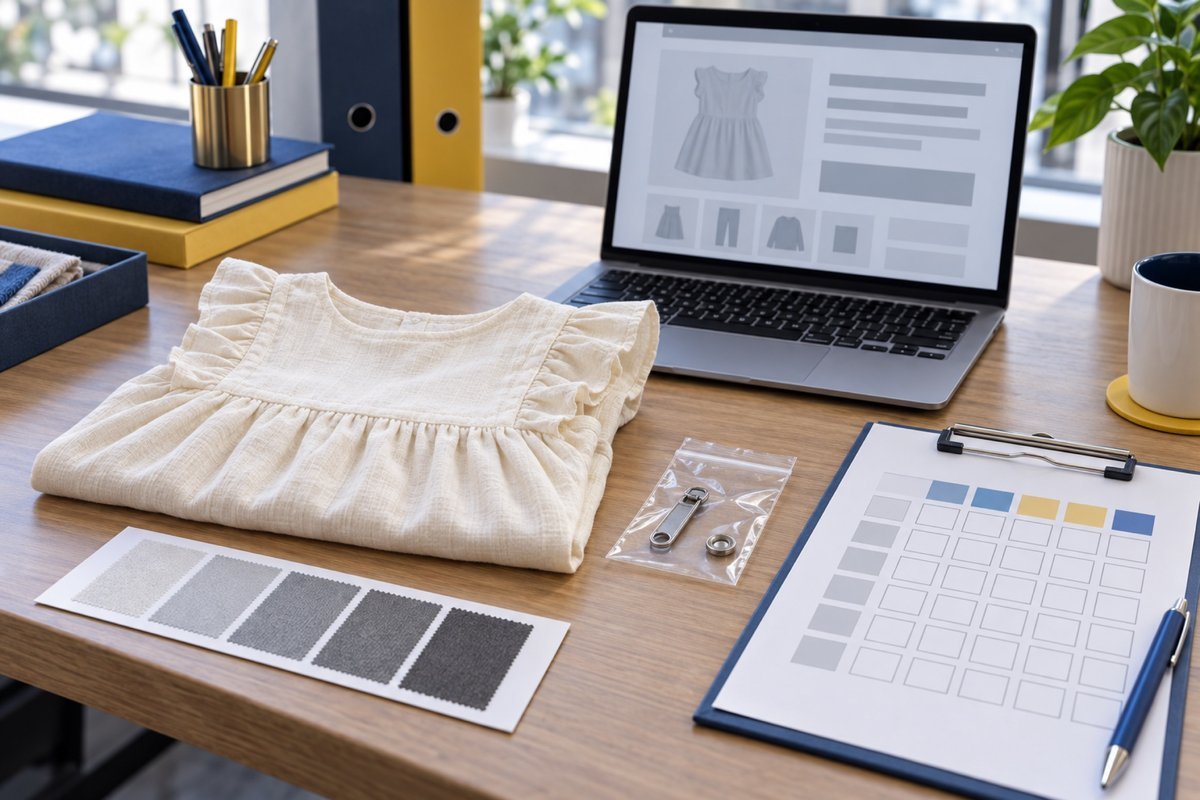 EU Children's Clothing Compliance Desk European market product review desk with garment, risk matrix and component samples