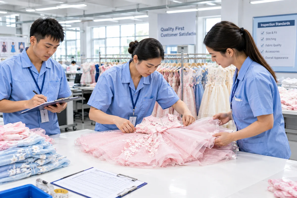Third-Party Quality Inspection for Kids Clothing: When to Book It Final garment inspection of girls dresses before shipment in a childrenswear factory