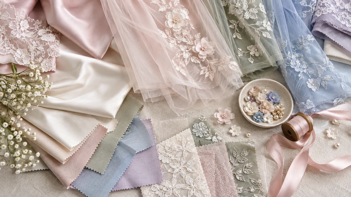 Wholesale Flower Girl Color Story Ivory, blush, sage and powder-blue flower girl dress fabrics arranged as a wholesale color story