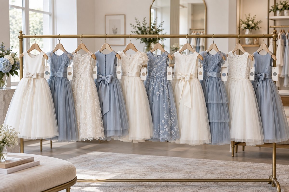 Ivory and dusty blue flower girl dresses arranged as a seasonal assortment