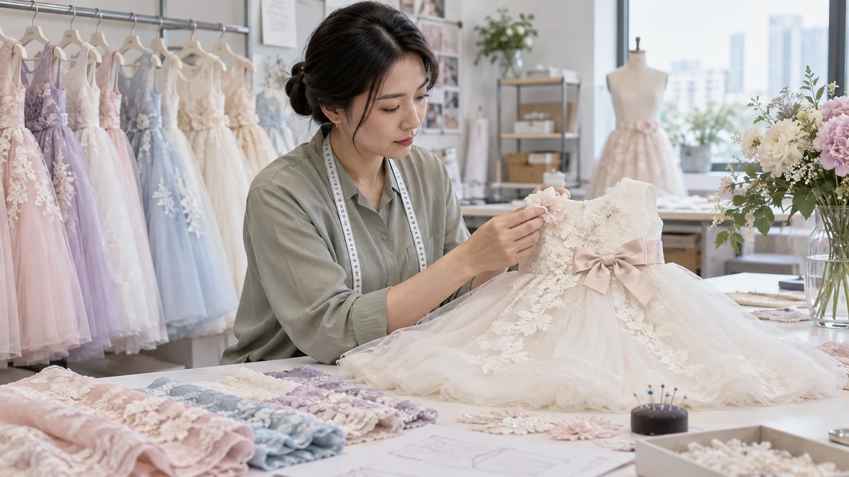 Flower Girl Dress Detail Quality Check Adult East Asian garment specialist checking lace, bow and floral appliqué attachment on an ivory dress