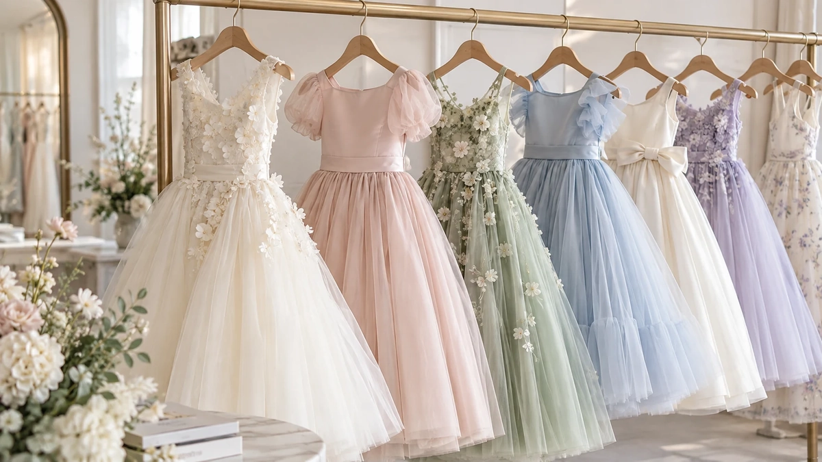 A curated boutique rack of ivory, blush, sage and powder-blue flower girl dresses in varied 2027 silhouettes