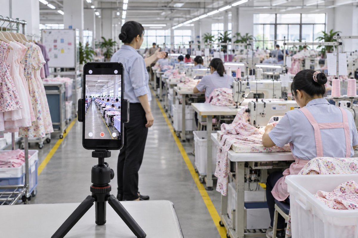 Smartphone on a tripod showing a live view of an active garment sewing floor