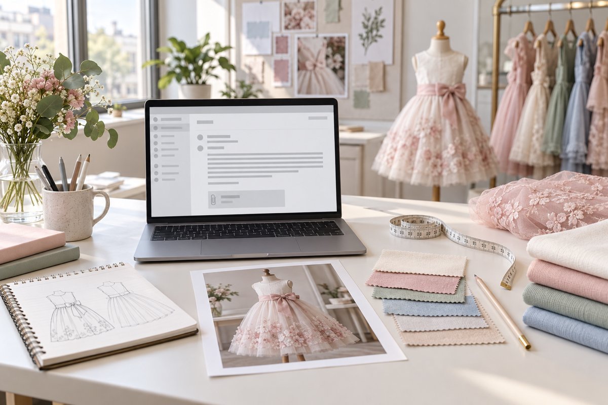 Garment Inquiry and RFQ Desk Laptop with a structured garment inquiry beside a girls dress reference and fabric swatches