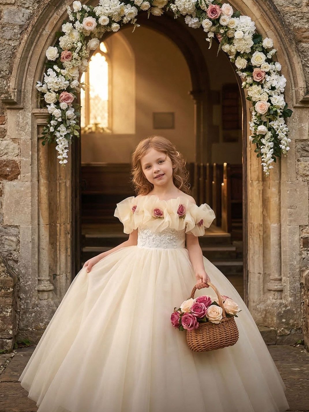 Girls champagne flower girl princess dress — back view