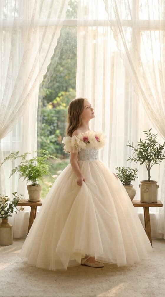 Girls champagne flower girl princess dress — skirt detail