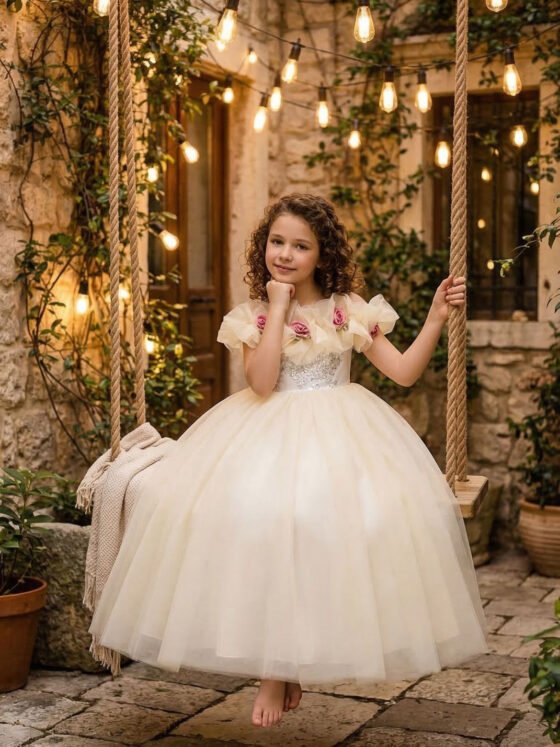 Girls champagne flower girl princess dress — front view