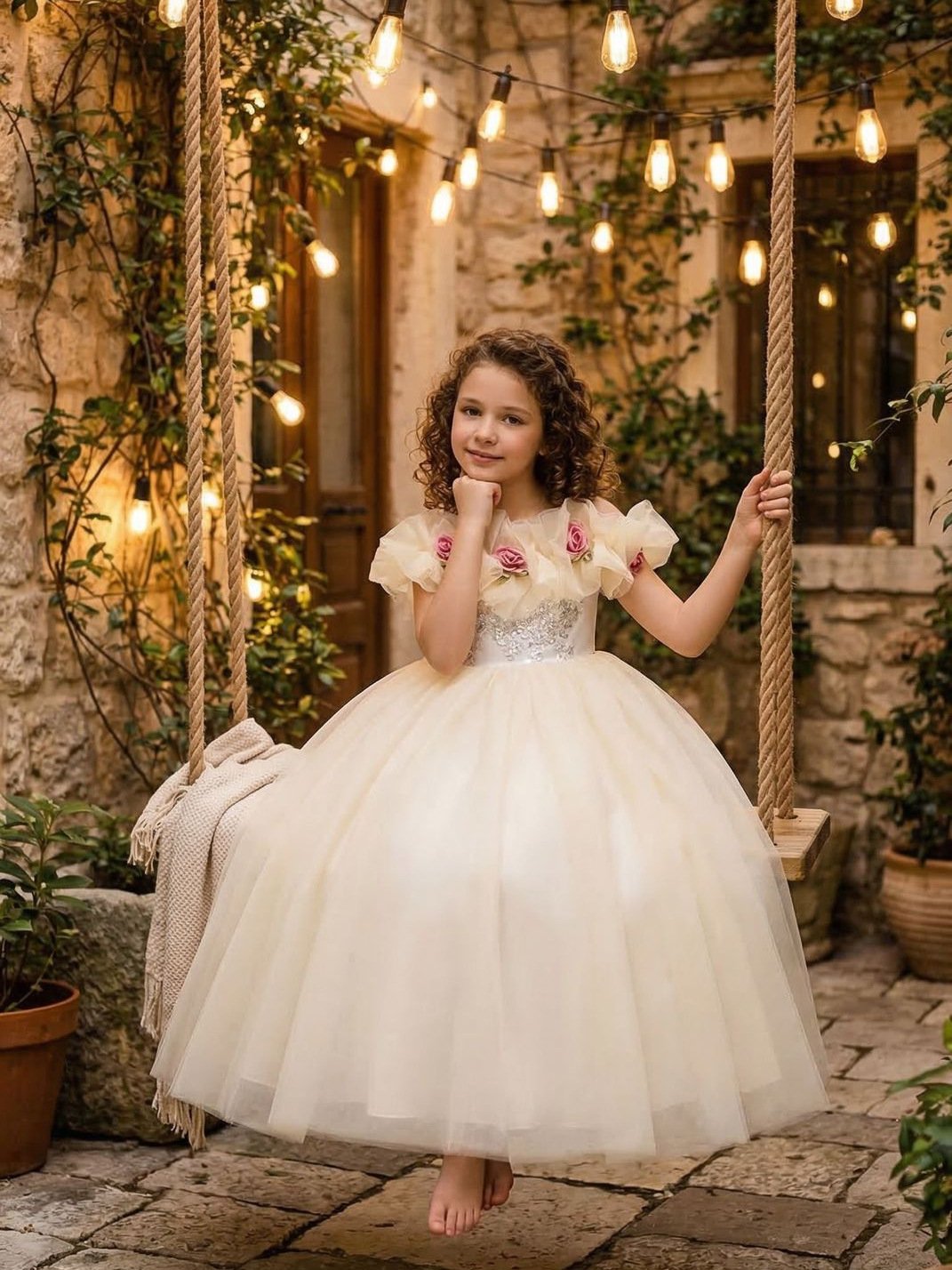 Girls champagne flower girl princess dress — front view