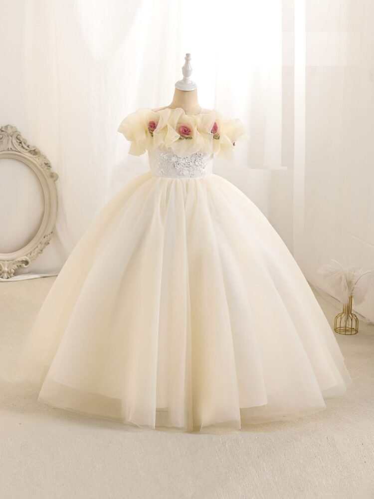 Girls champagne flower girl princess dress — full length view
