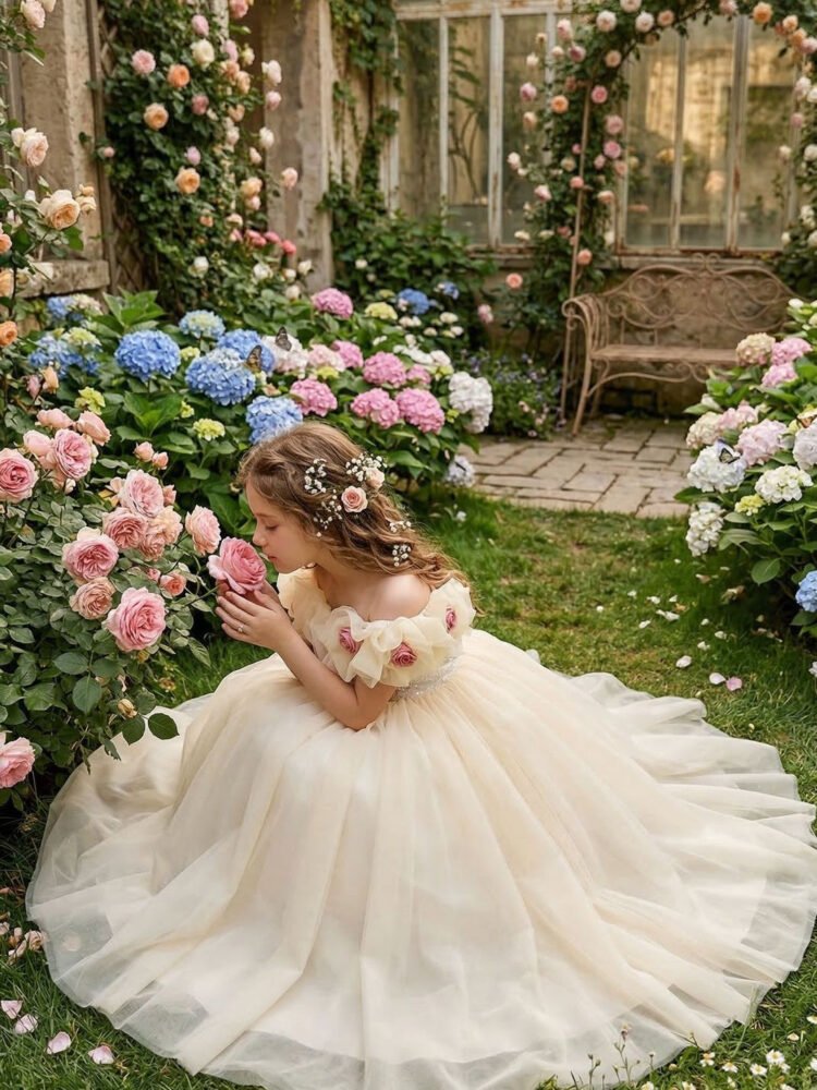 Girls champagne flower girl princess dress — side view