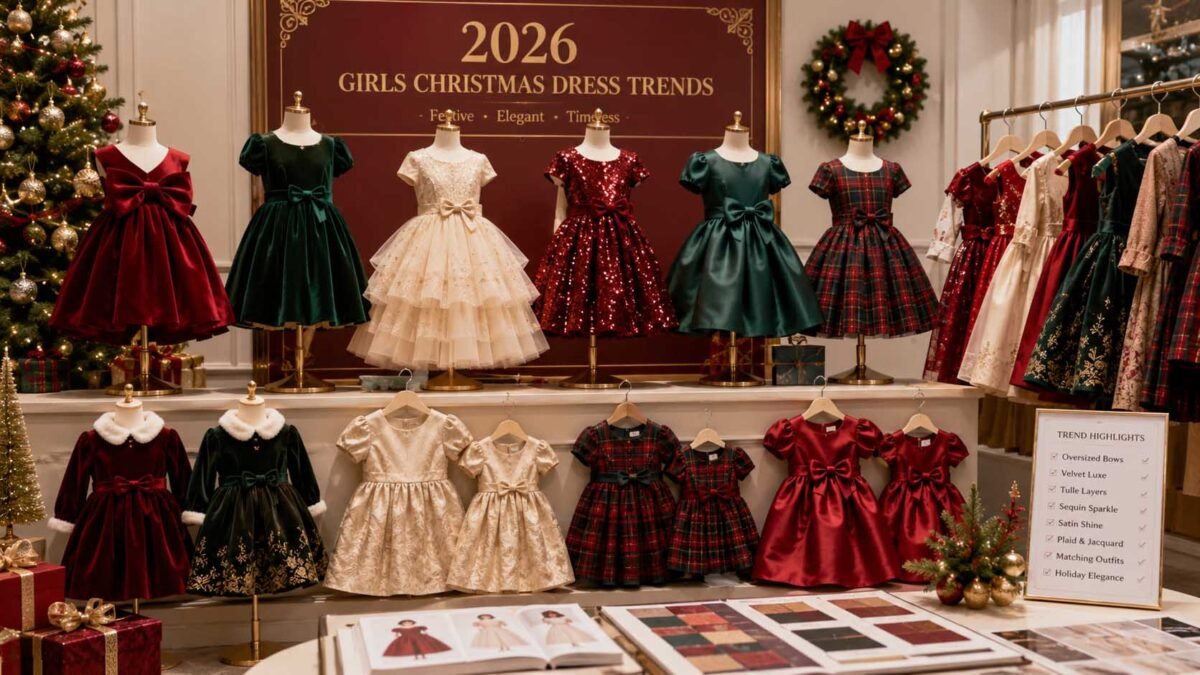 Girls christmas dress trends for 2026 including bow velvet tulle and sequin styles
