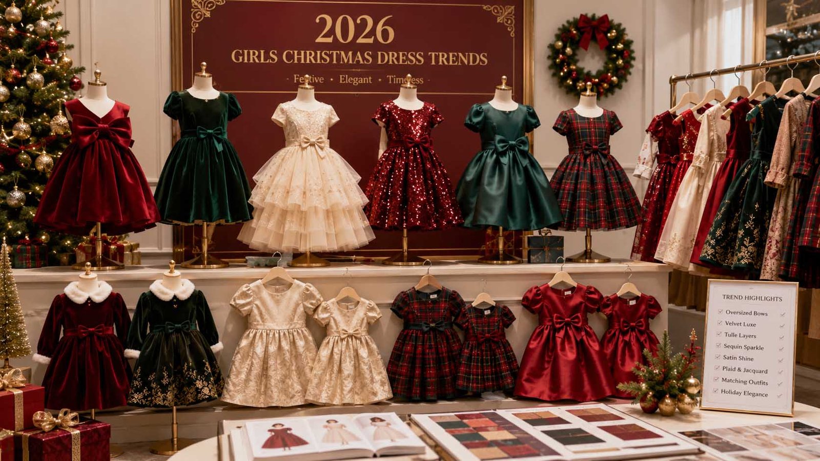 Girls christmas dress trends for 2026 including bow velvet tulle and sequin styles