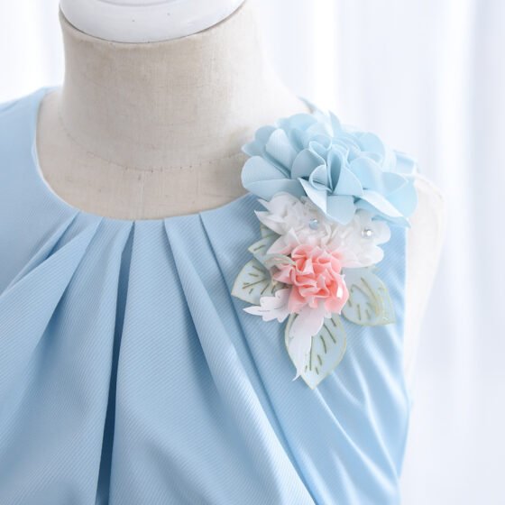 Wholesale Girls Floral Princess Dress – Sleeveless A-Line Party Dress - Blue Applique Detail