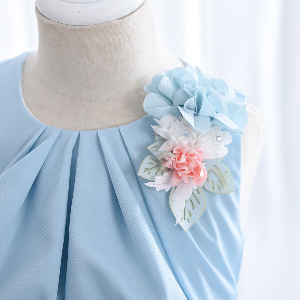 Wholesale Girls Floral Princess Dress – Sleeveless A-Line Party Dress - Blue Applique Detail