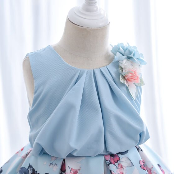 Wholesale Girls Floral Princess Dress – Sleeveless A-Line Party Dress - Blue Pleated Bodice Detail