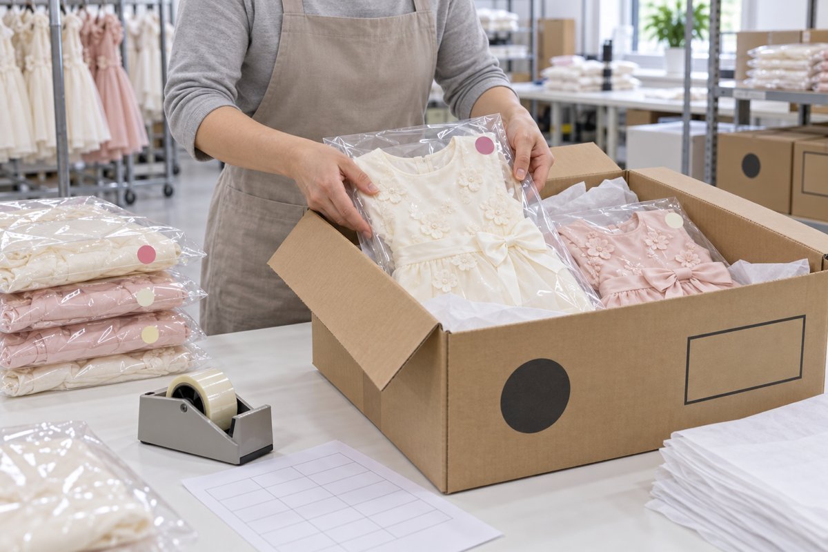 Girls Dress Bulk Order Packaging Girls dresses being prepared and packed for a bulk wholesale order before shipment