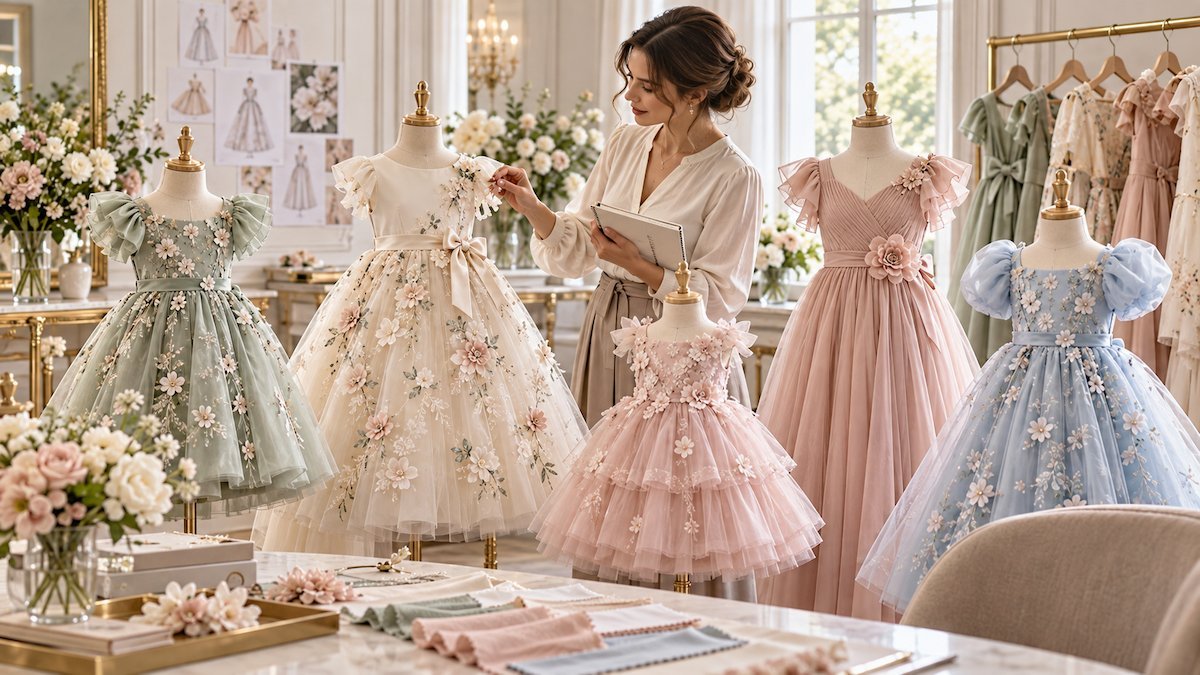 Designer Reviewing Floral and Occasion Girls Dresses for a 2027 Designer reviewing floral and occasion girls dresses for a 2027 boutique collection