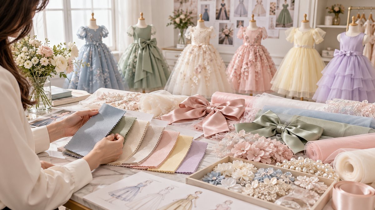 Powder Blue, Sage, Ivory, Blush and Lilac Fabric Swatches for Girls Powder blue, sage, ivory, blush and lilac fabric swatches for girls dress color trends 2027