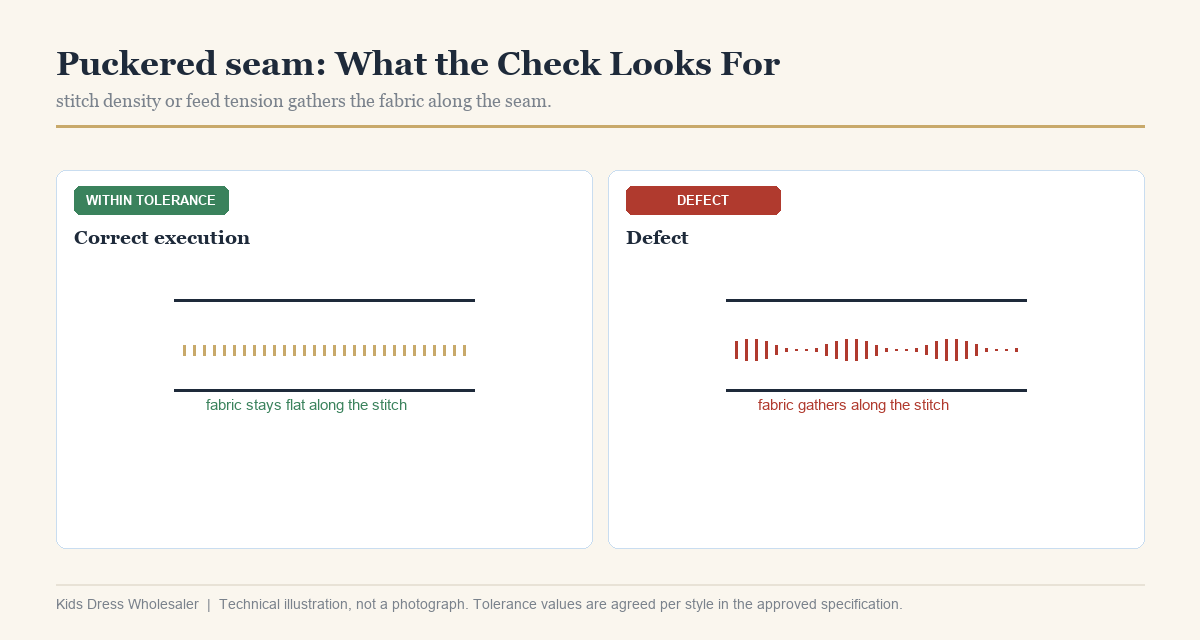 Girls Dress Puckered Seam Defect Check Puckered seam defect on a girls dress compared with a flat correctly sewn seam