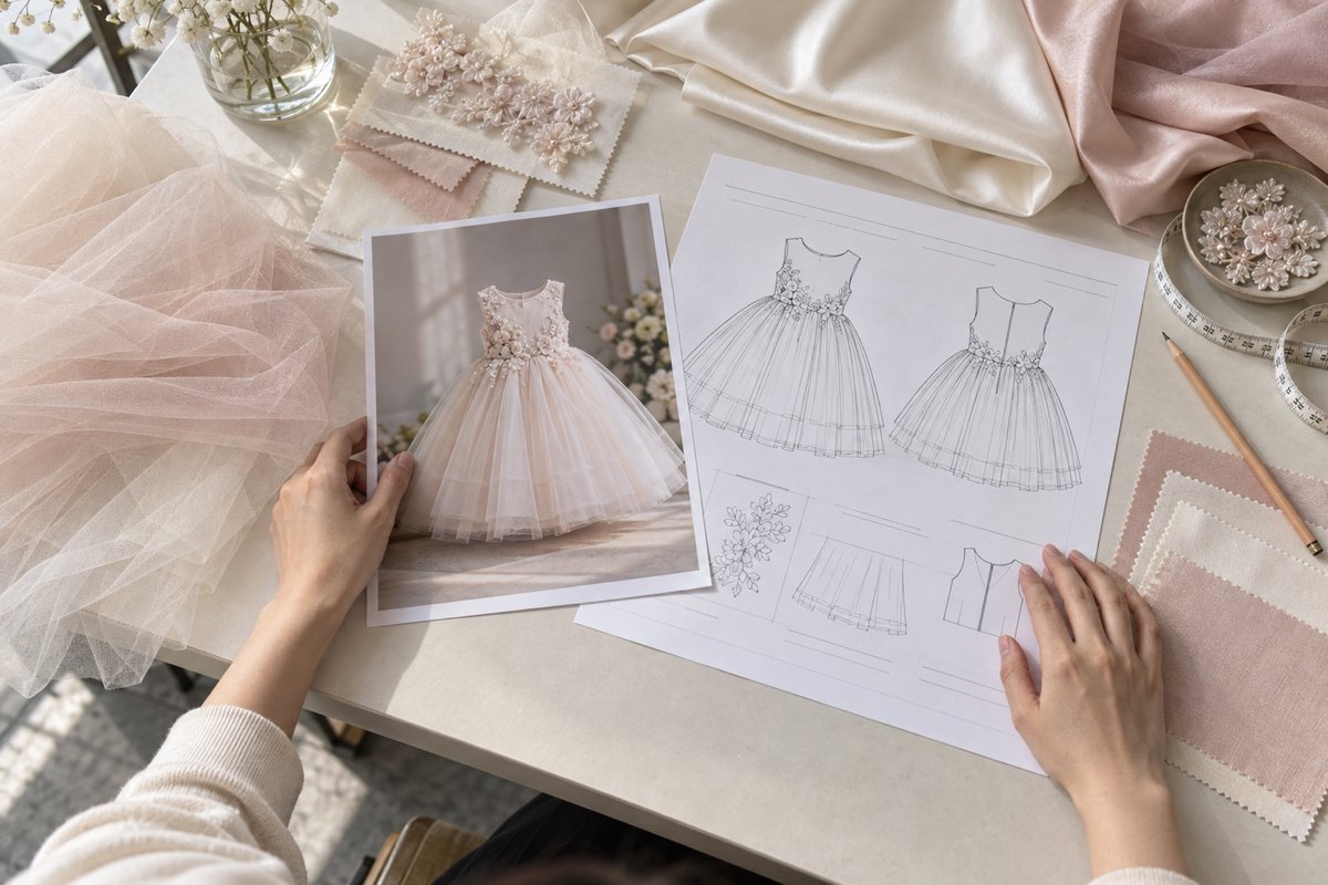 Girls Dress Design Development Review Technical sketches, reference photo and tulle swatches reviewed on a development table