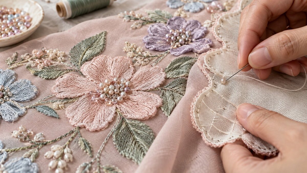 Embroidery and Beading Detail Close-up of embroidery, bead attachment and appliqué edge finishing