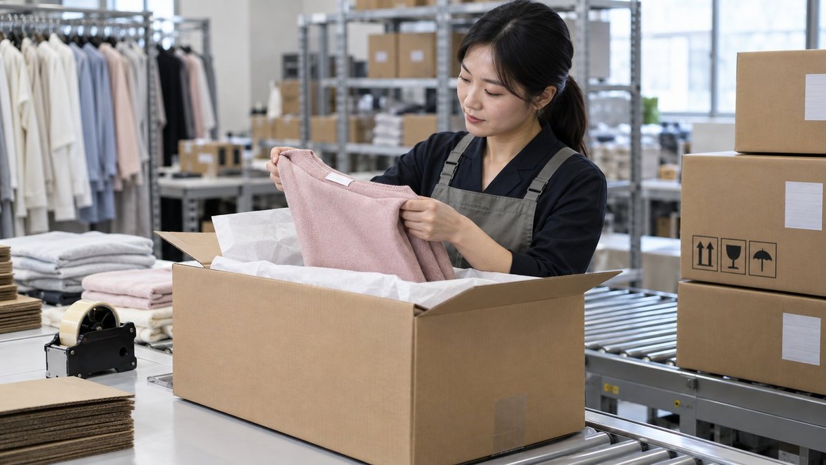 Girls Dress Export Carton Preparation Adult East Asian warehouse team preparing girls dress export cartons