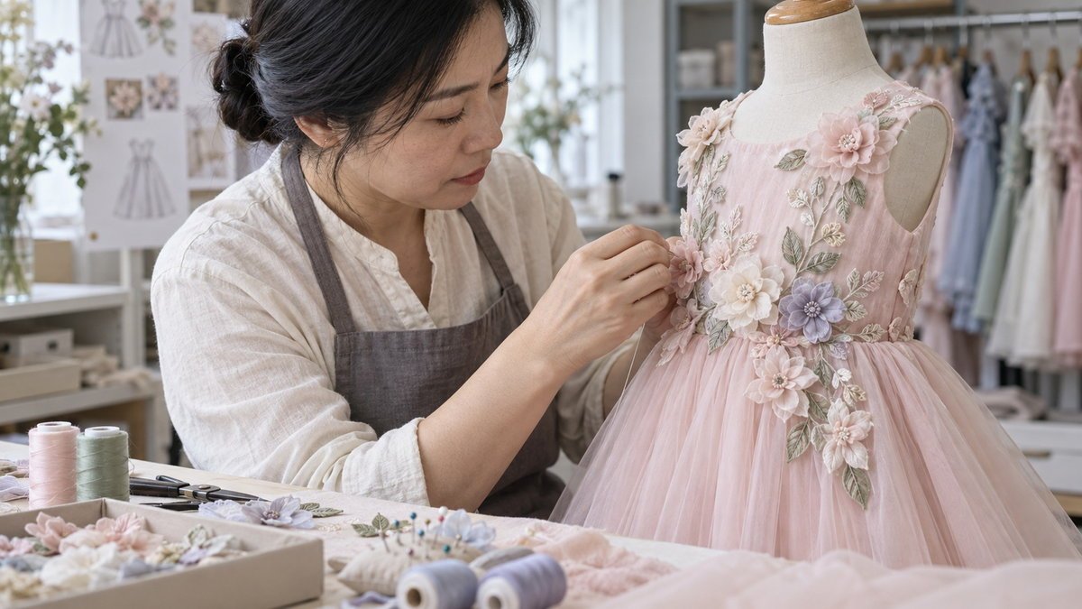 Hand Embellishment Production Adult East Asian garment professional hand-finishing 3D flowers on a dress