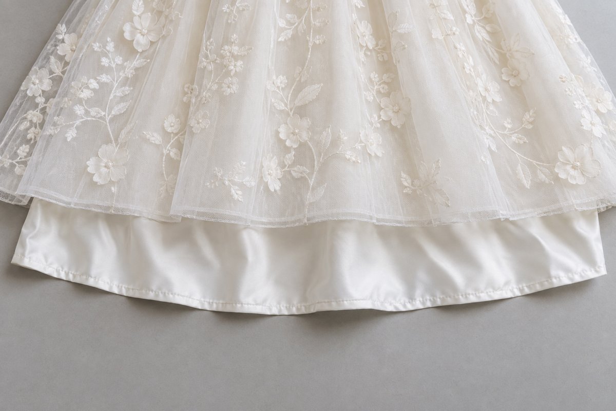 Girls Dress Lining Below Hem Ivory girls dress with the satin lining extending below the tulle shell as a defect