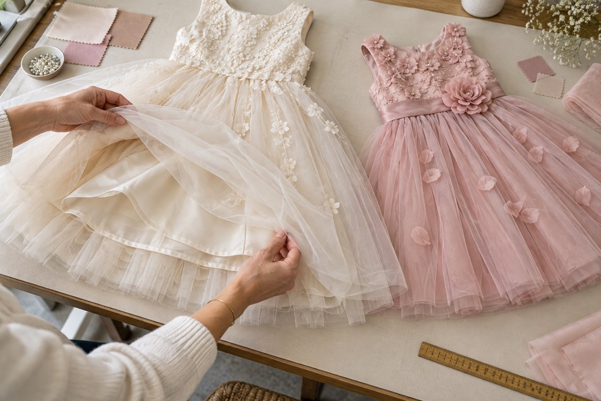 Girls Dress Lining Construction Review Ivory and dusty pink party dresses with tulle lifted to reveal the lining