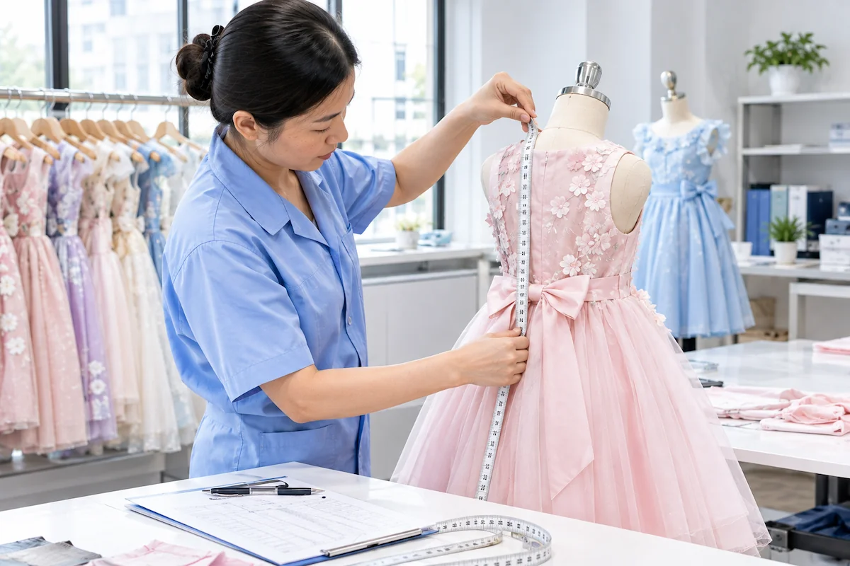 Measuring a girls dress against the size chart for toddler and older girl sizes