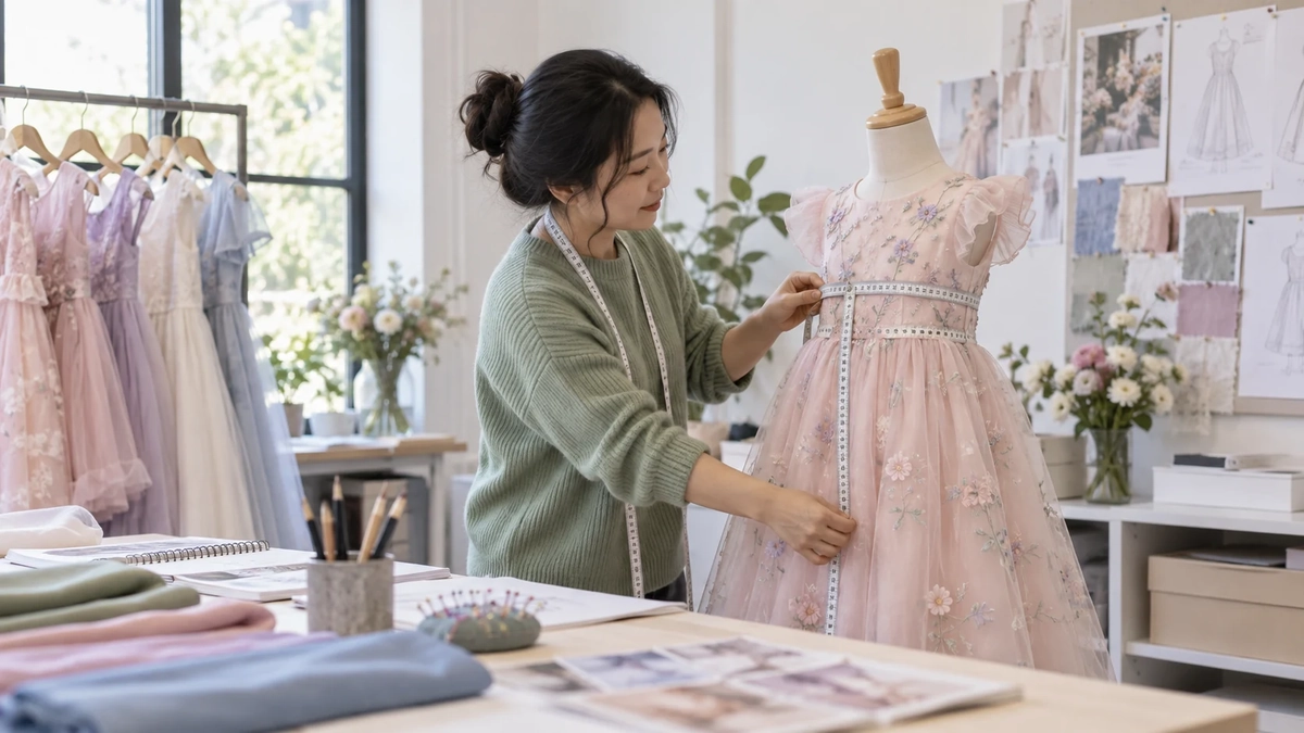 Girls Dress Measurement Check Adult East Asian garment technician measuring chest, waist and length on a dress sample