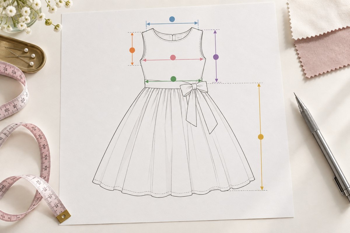 Girls dress technical drawing with colored arrows marking key measurement points