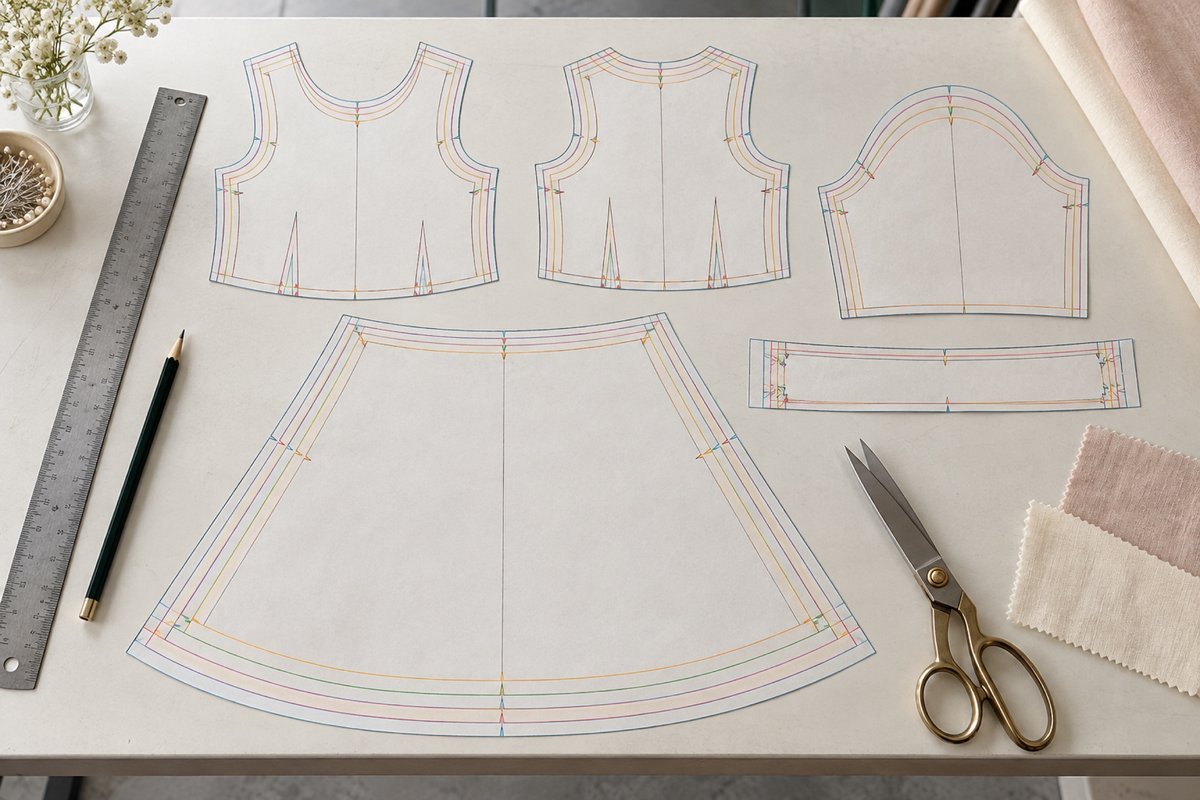 Girls Dress Pattern Grading Table Nested girls dress pattern pieces with graded contour lines on a pattern table