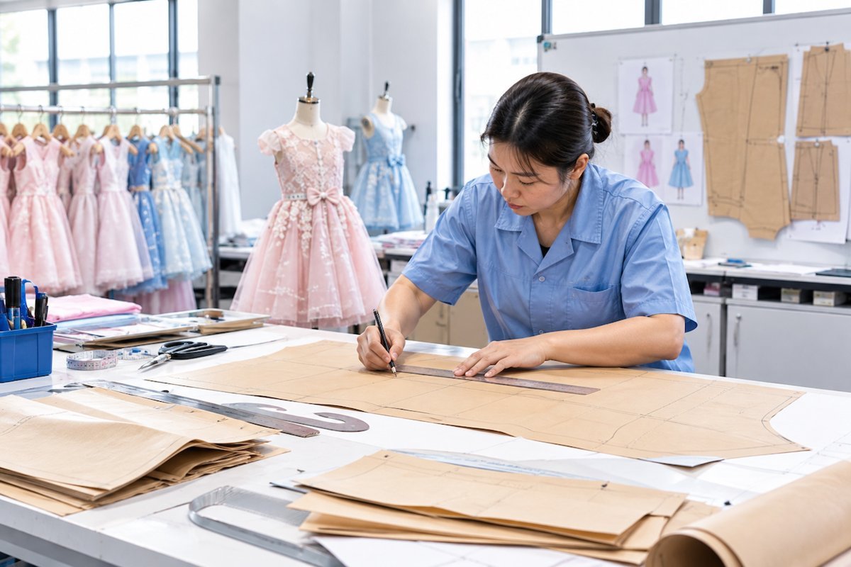 Girls dress paper patterns being prepared on a factory cutting table for sampling