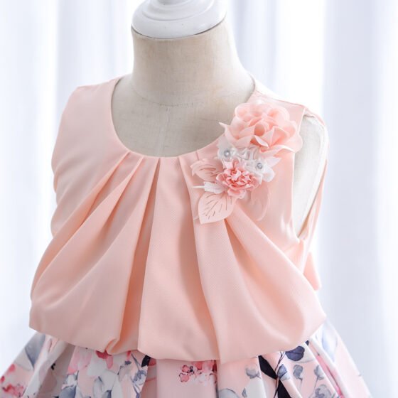 Wholesale Girls Floral Princess Dress – Sleeveless A-Line Party Dress - Pink Pleated Bodice Flower Applique
