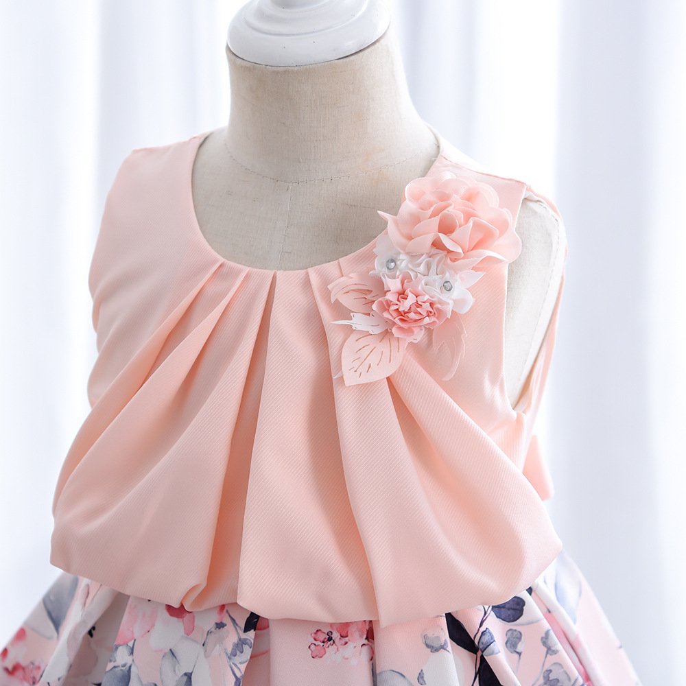 Wholesale Girls Floral Princess Dress – Sleeveless A-Line Party Dress - Pink Pleated Bodice Flower Applique