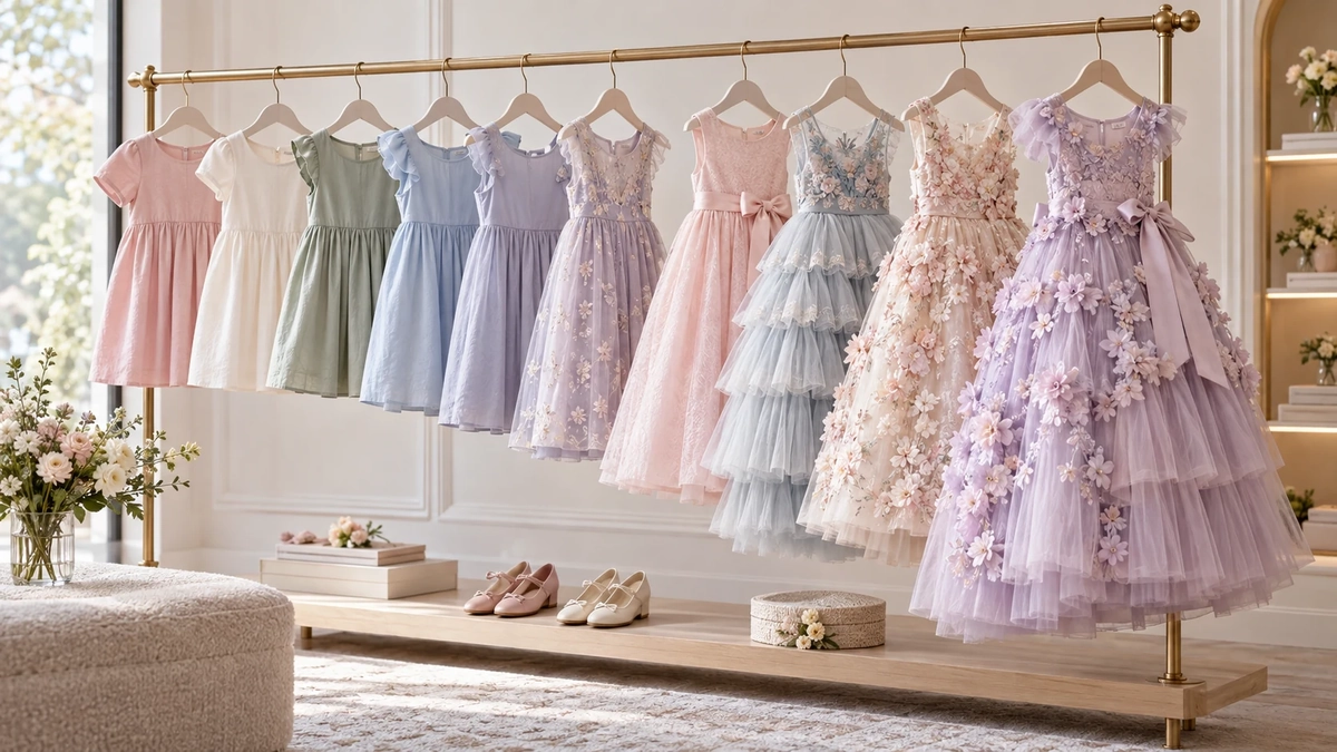 Girls Dress Price Architecture Girls dress rack arranged from entry to premium product tiers in a boutique showroom