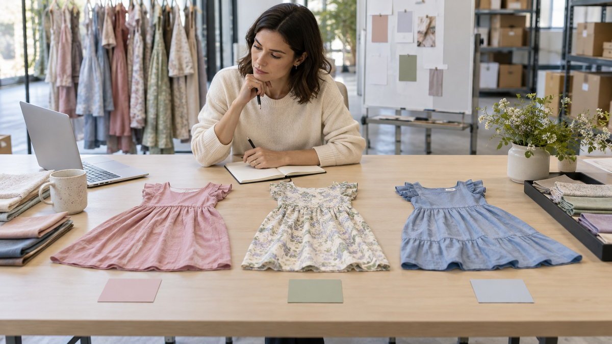 Boutique buyer comparing reorder, hold and stop decisions for girls dress styles