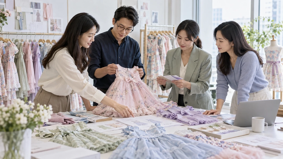 Girls Dress Reorder Review Wholesale team reviewing dress samples, size notes and reorder information at a clean table