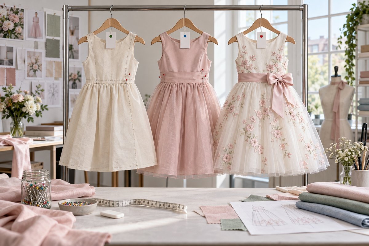 Girls Dress Sample Iteration Rack Three progressive girls dress sample iterations on a development rack in a sample room