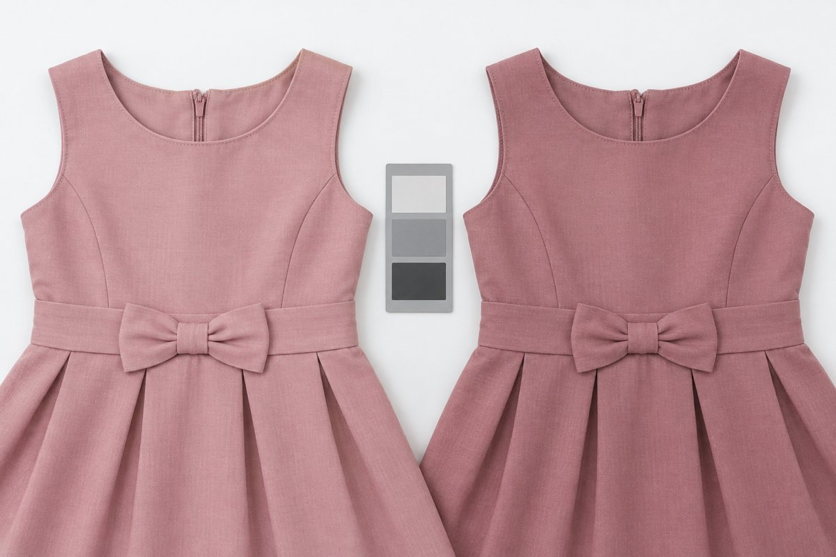 Girls Dress Shade Variation Defect Two matching girls dress bodices showing an unintended shade difference in dye lot