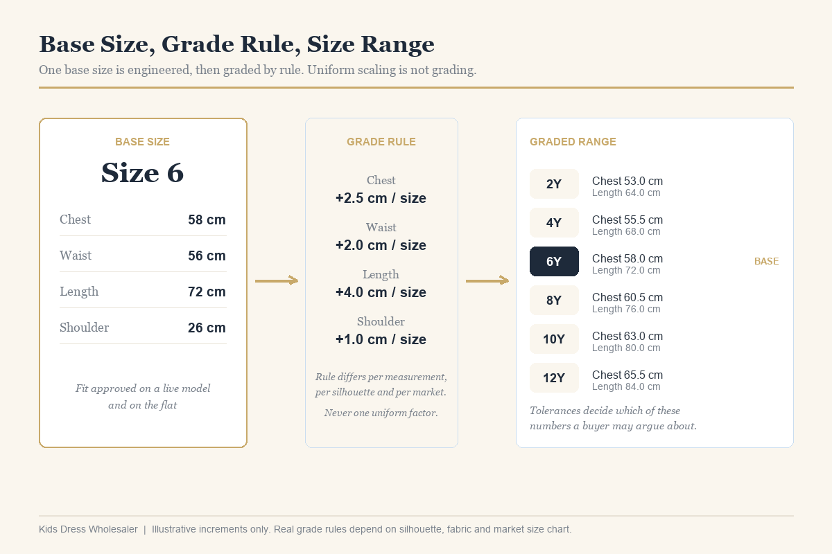 Girls dress size grading chart showing base size, grade rule and graded size range