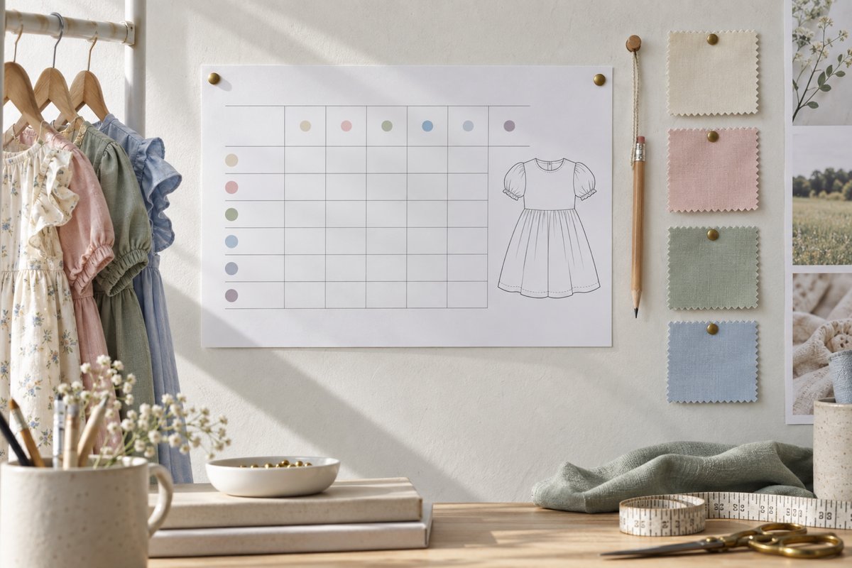 Blank size grading matrix displayed beside pastel fabric swatches on a work table
