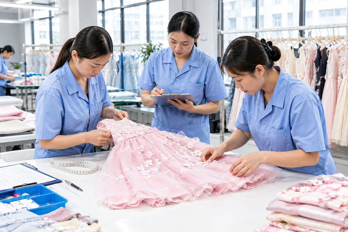 Third-Party Quality Inspection for Kids Clothing: When to Book It Three quality inspectors checking a girls dress construction against an approved sample