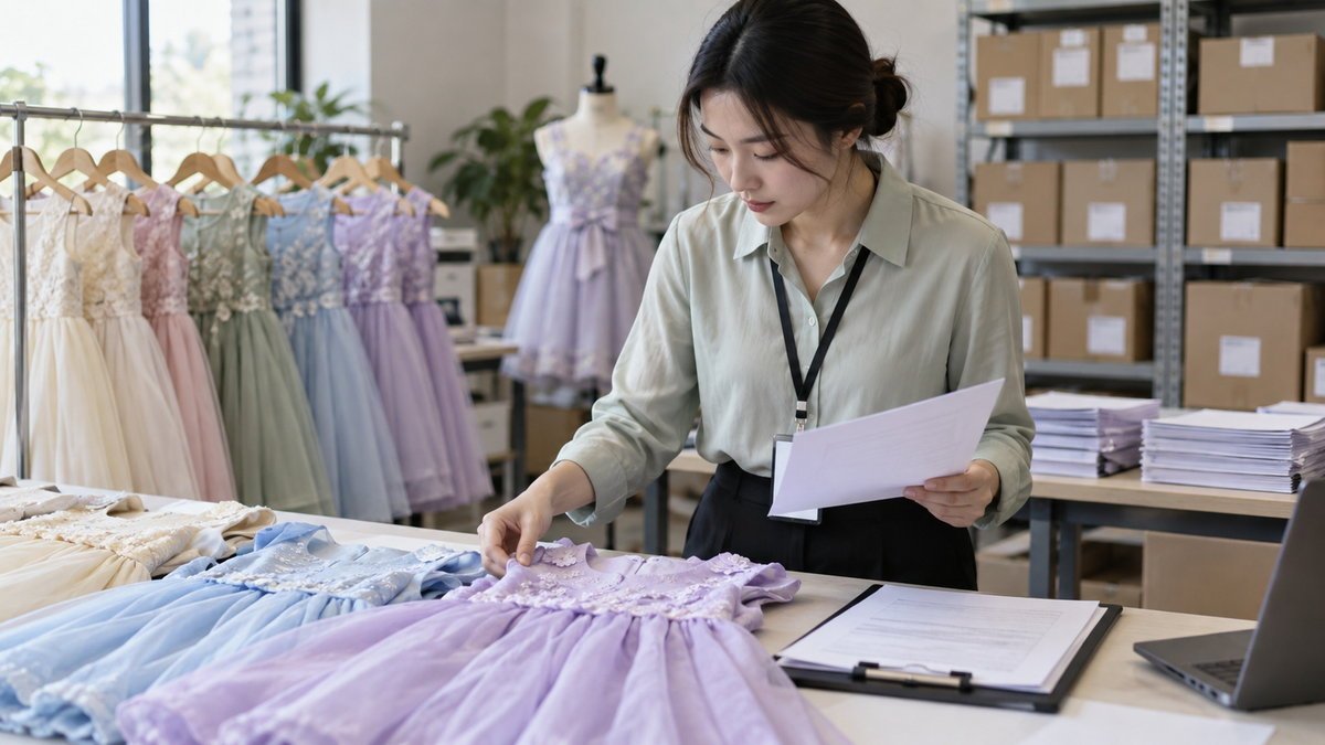 Adult East Asian QC specialist matching girls dress samples to batch and carton records