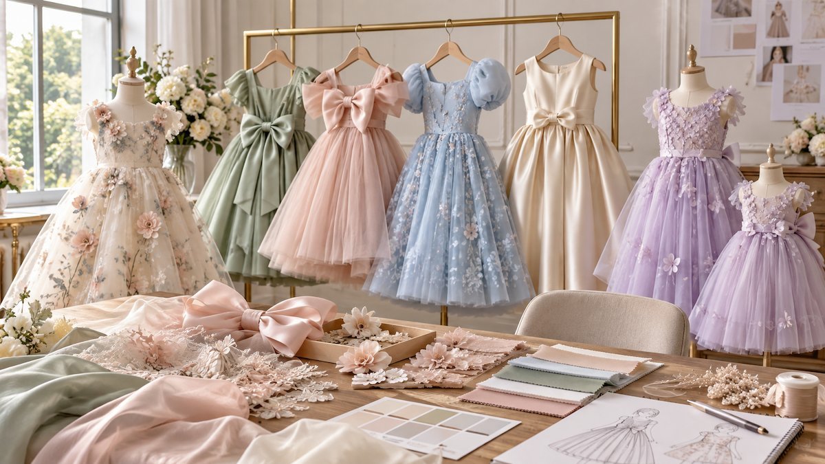 Girls dress trends 2027 with pastel flower girl dresses, bows, fabrics and boutique sourcing samples